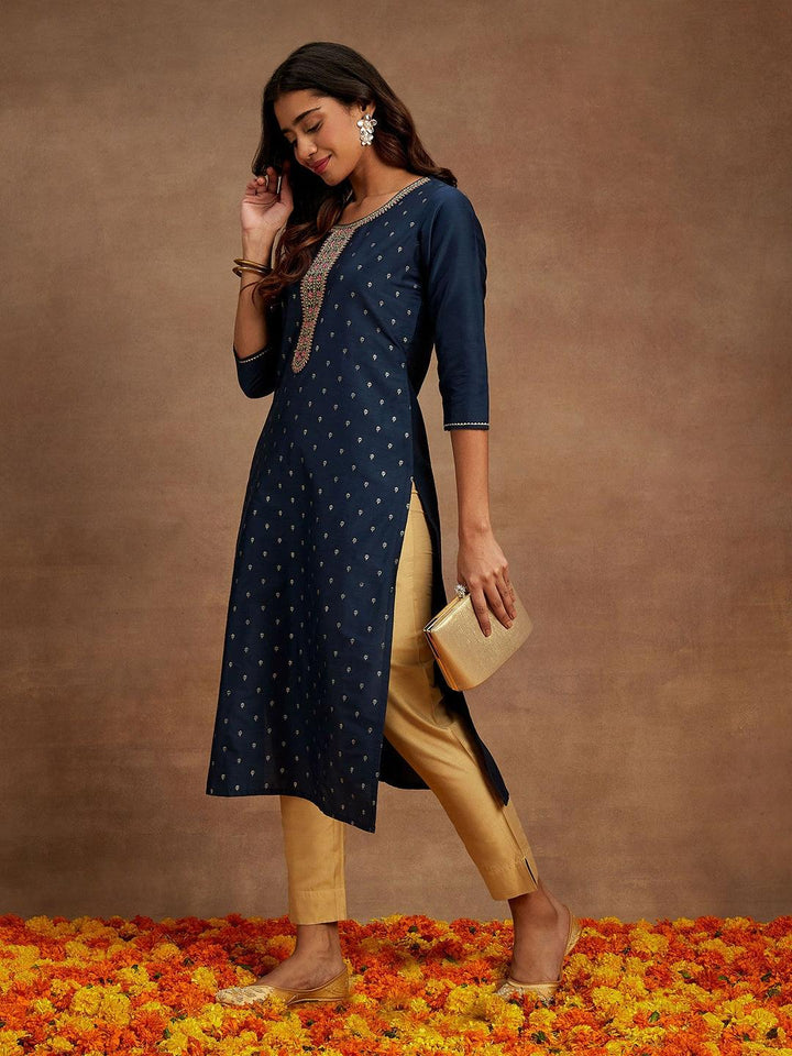 Blue Embellished Chanderi Silk Straight Kurta - Libas