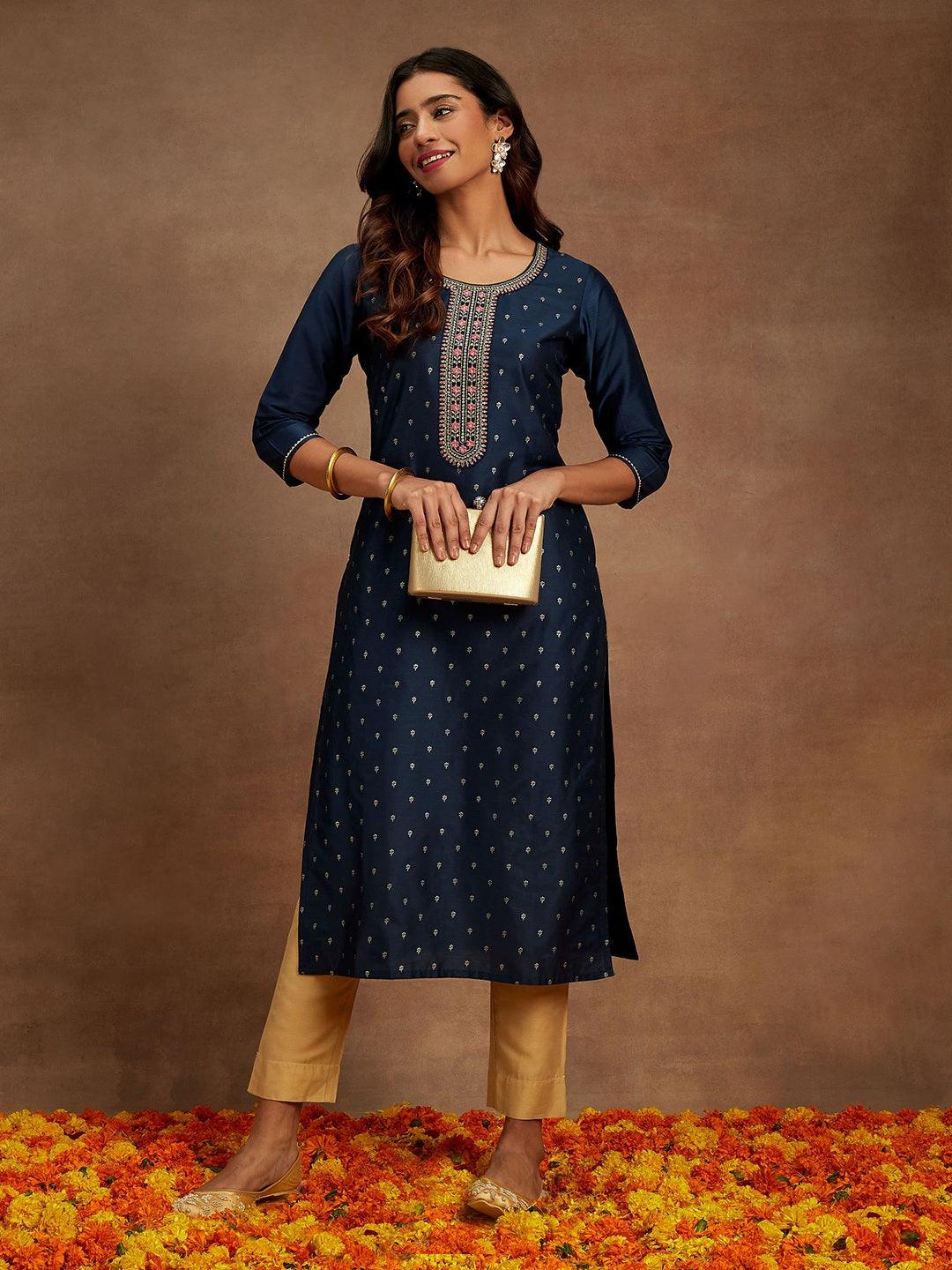 Blue Embellished Chanderi Silk Straight Kurta - Libas