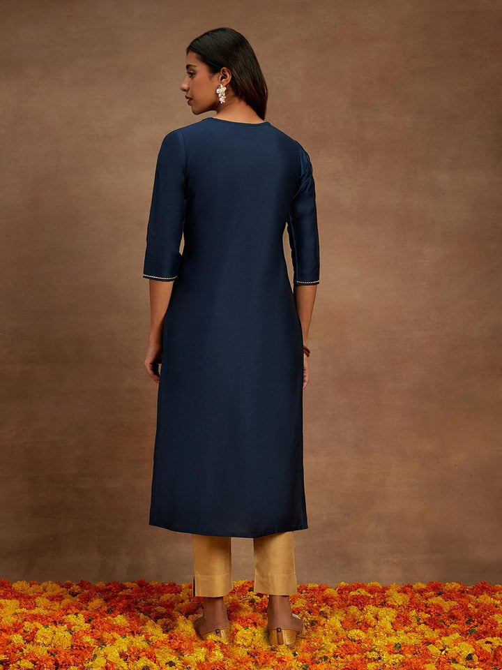 Blue Embellished Chanderi Silk Straight Kurta - Libas