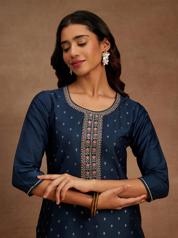 Blue Embellished Chanderi Silk Straight Kurta - Libas