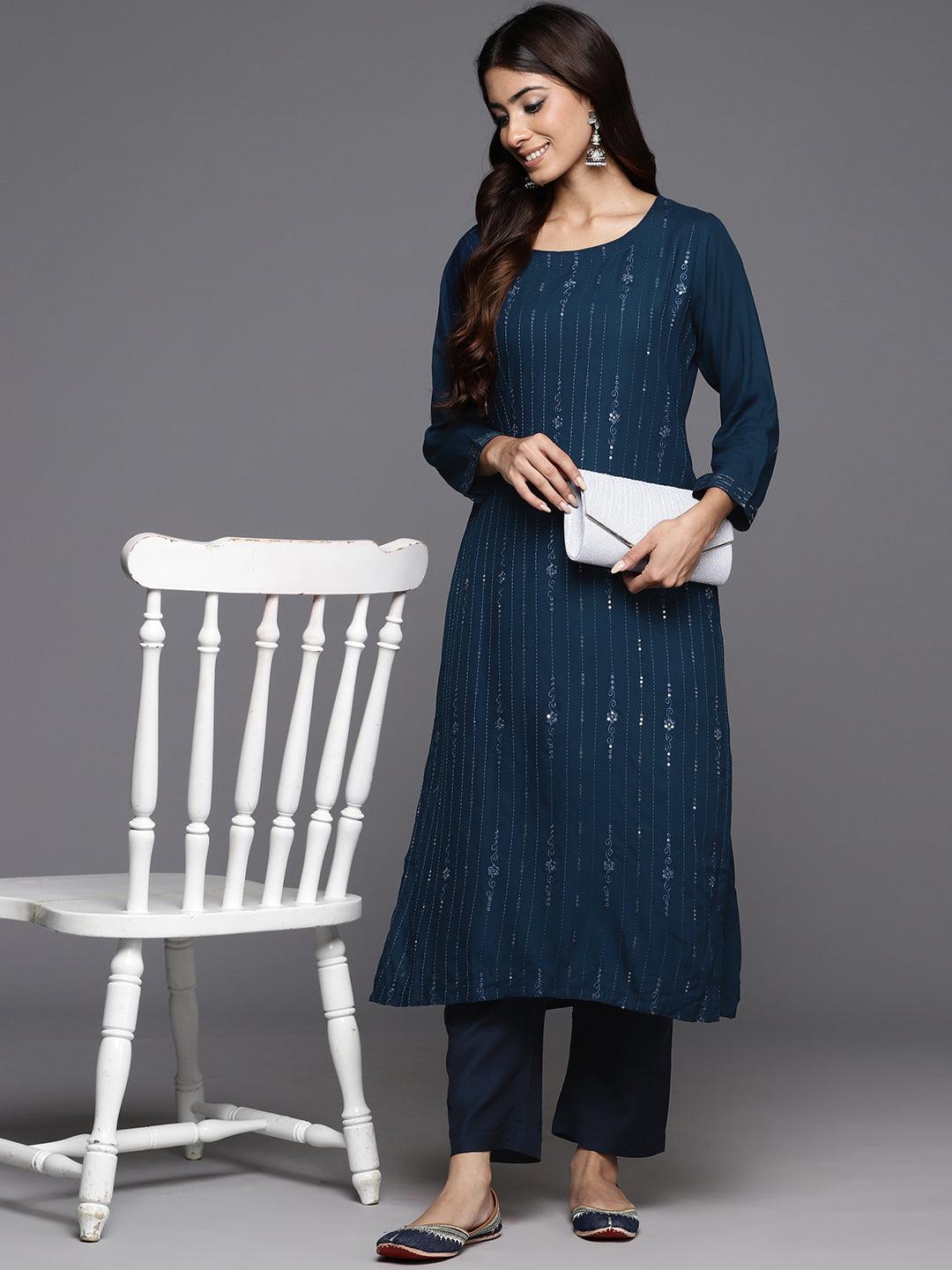 Blue Embellished Rayon Straight Kurta - Libas