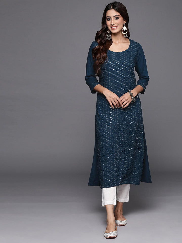 Blue Embellished Rayon Straight Kurta - Libas