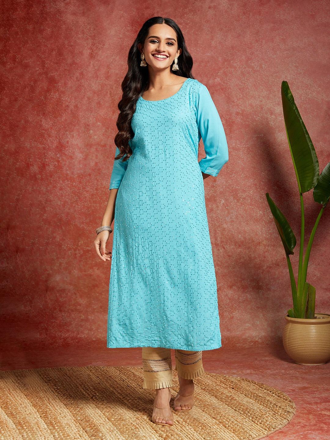 Blue Embellished Rayon Straight Kurta - Libas 