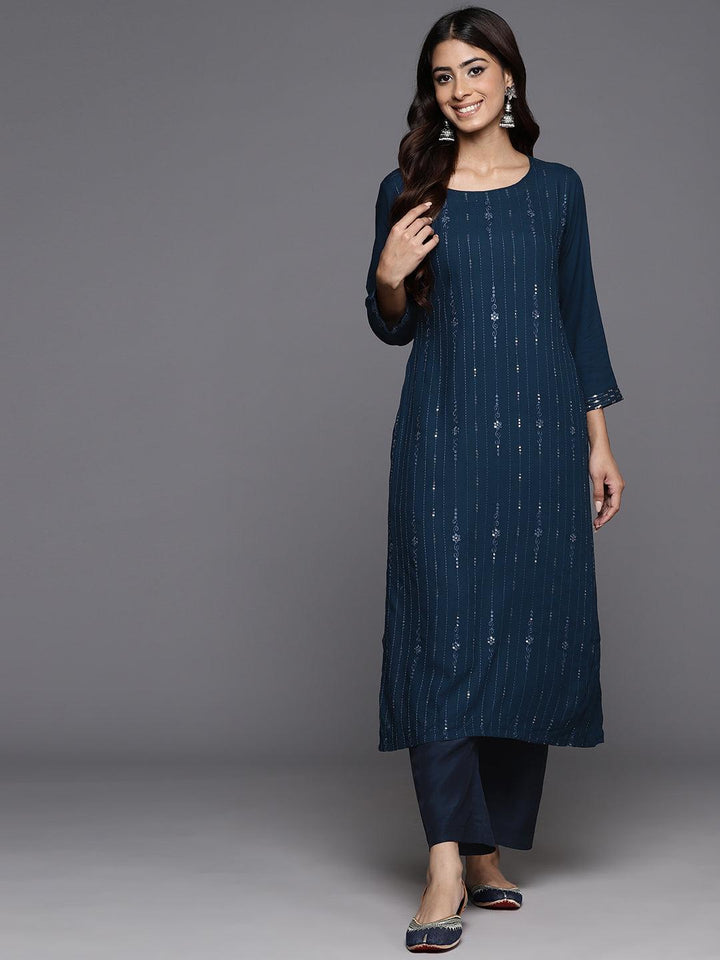 Blue Embellished Rayon Straight Kurta - Libas