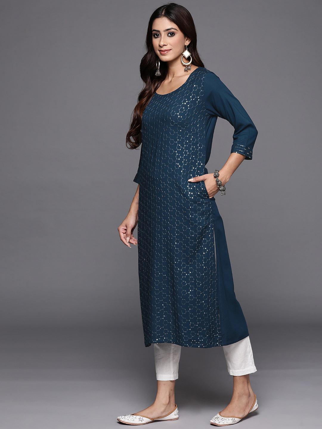 Blue Embellished Rayon Straight Kurta - Libas