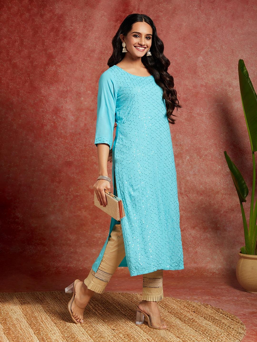 Blue Embellished Rayon Straight Kurta - Libas 