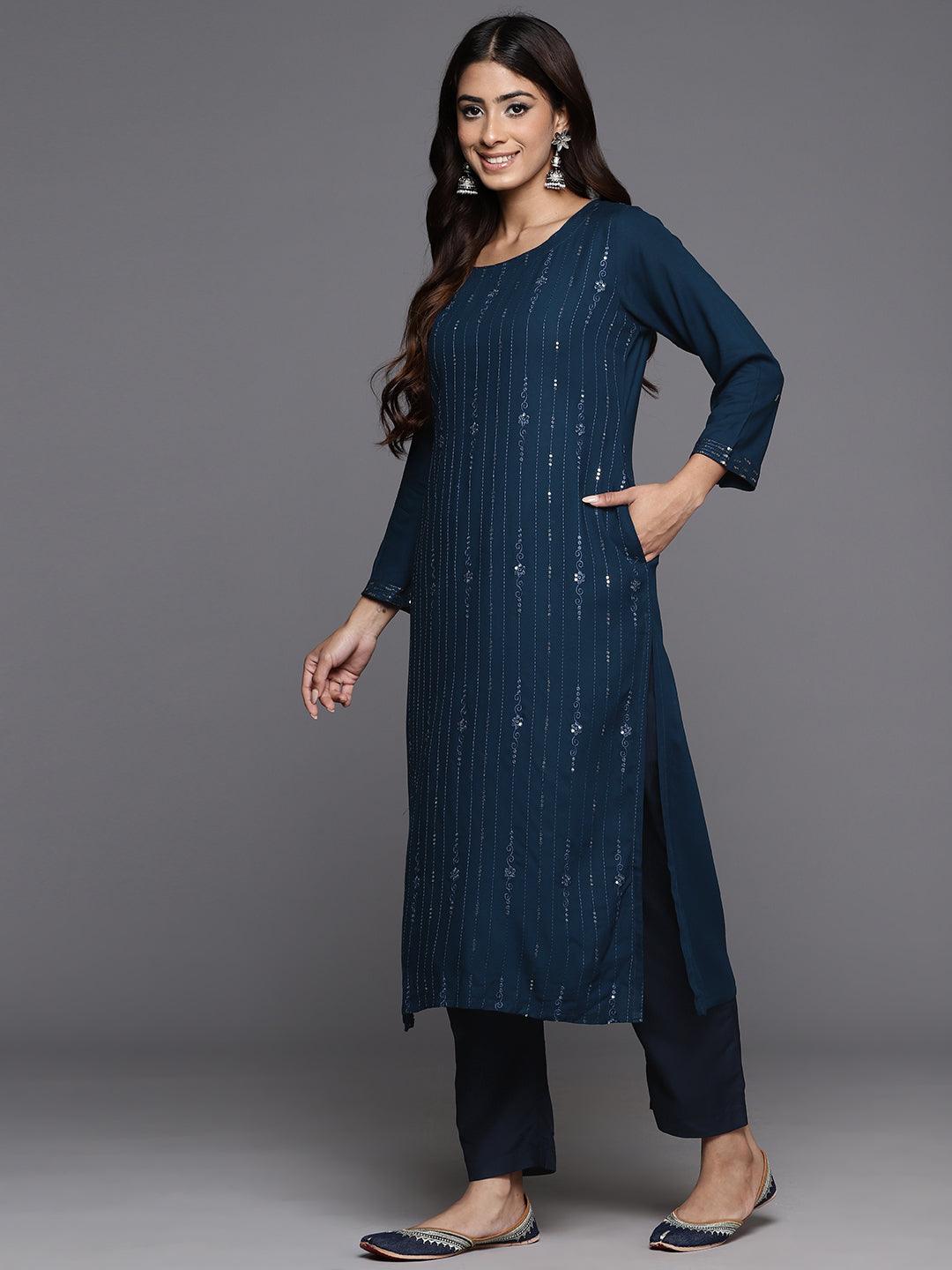 Blue Embellished Rayon Straight Kurta - Libas