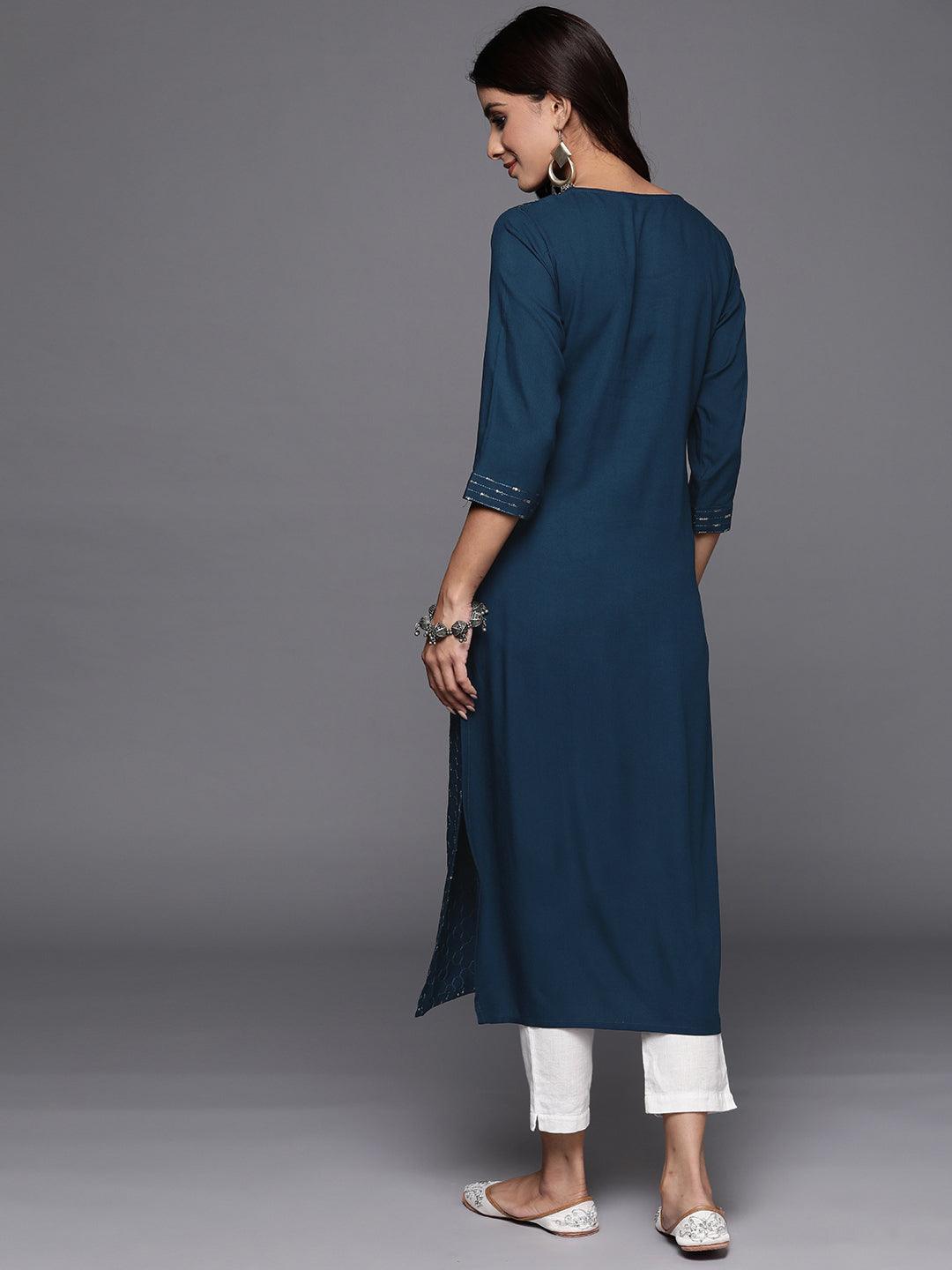 Blue Embellished Rayon Straight Kurta - Libas