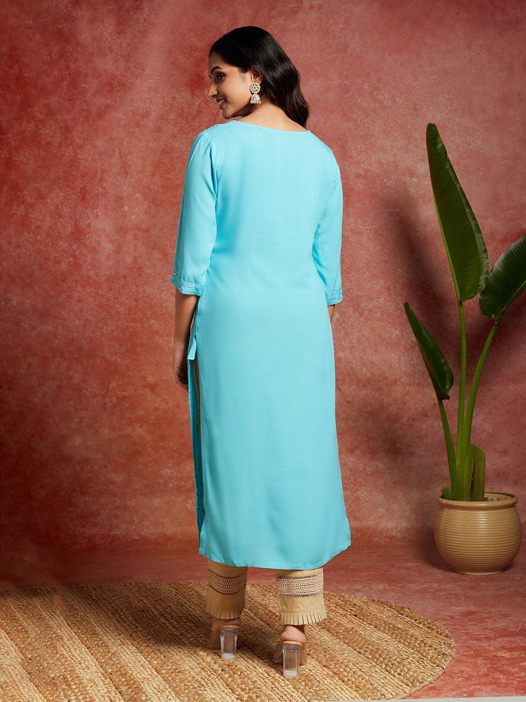 Blue Embellished Rayon Straight Kurta - Libas 