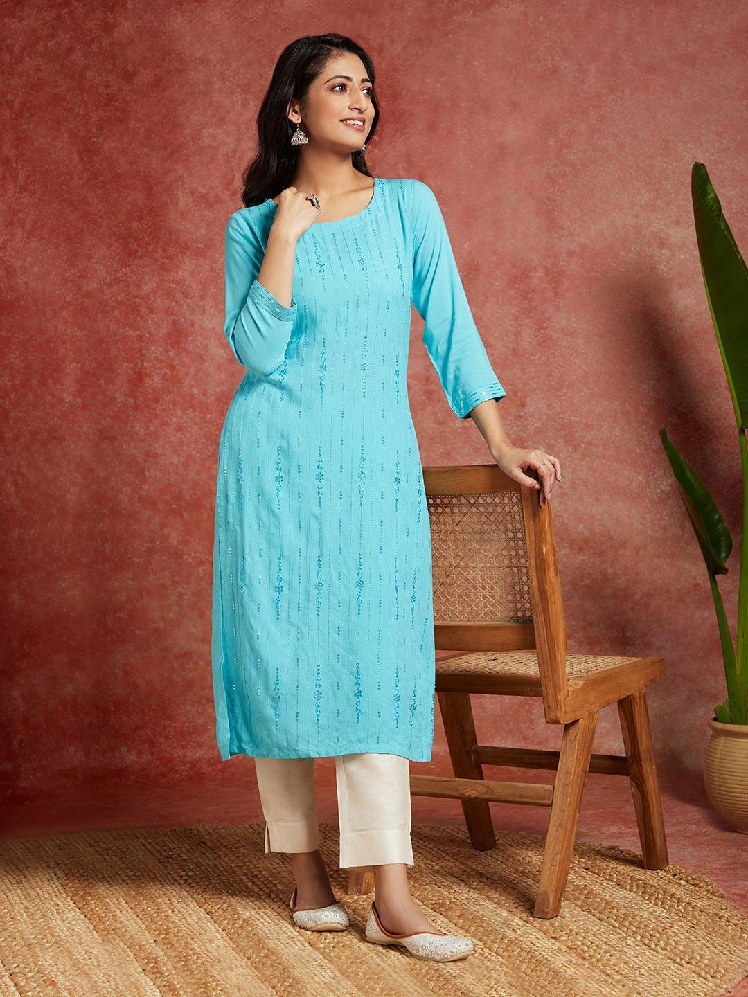 Blue Embroidered Rayon Straight Kurta - Libas