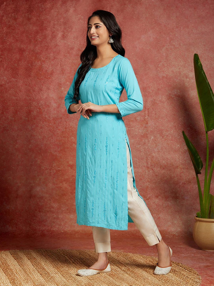 Blue Embroidered Rayon Straight Kurta - Libas