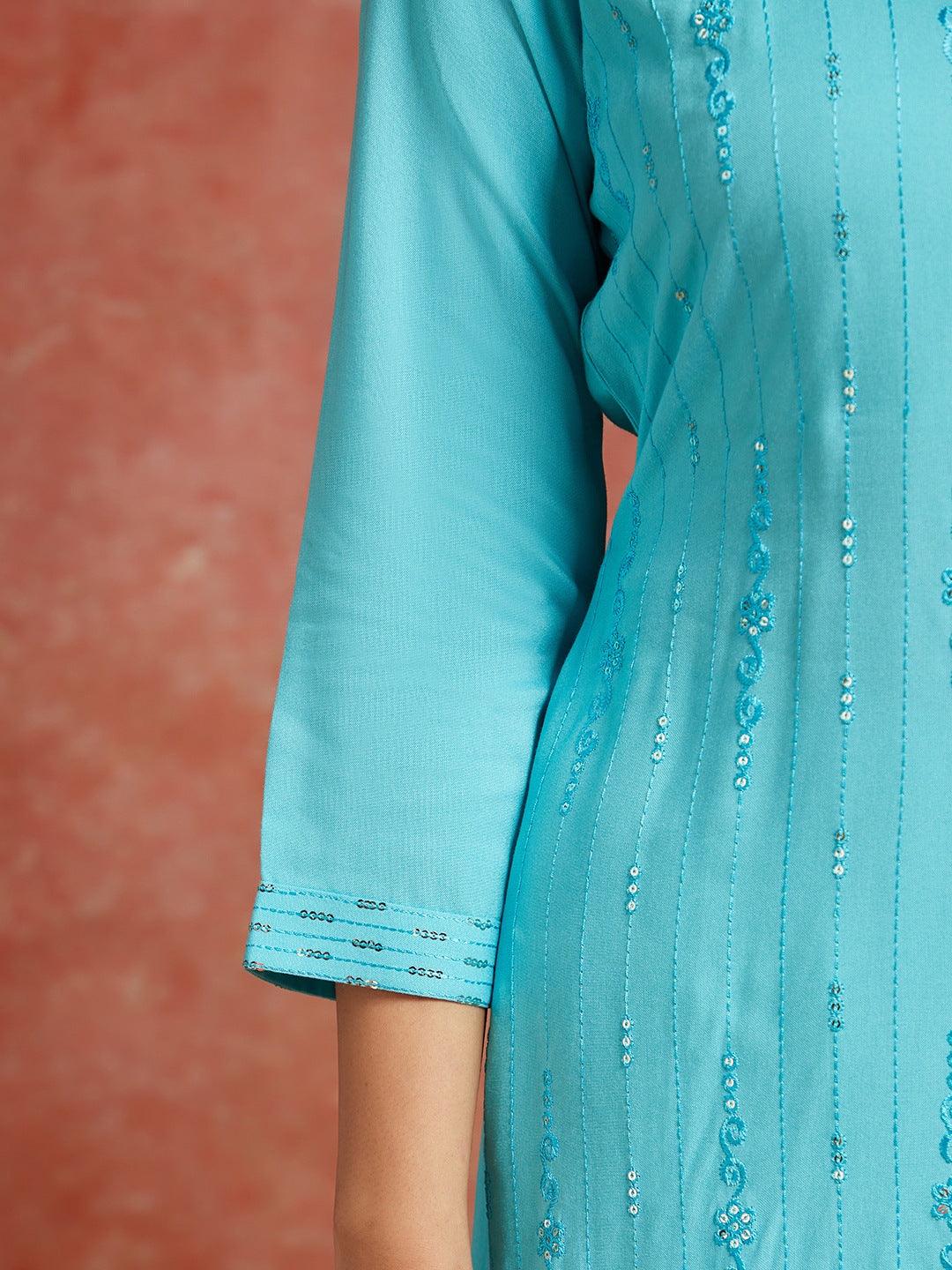 Blue Embroidered Rayon Straight Kurta - Libas