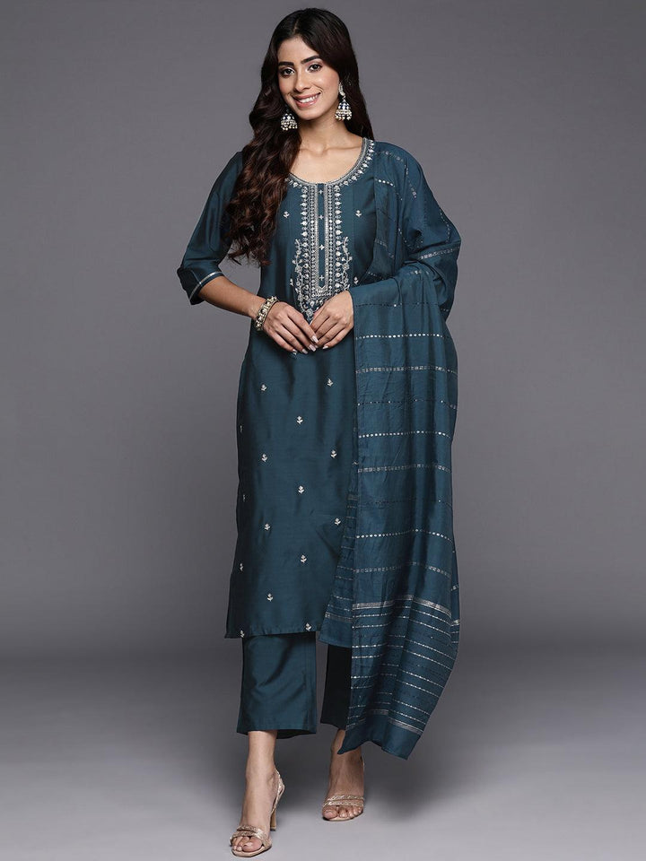 Blue Embroidered Silk Blend Straight Kurta With Trousers & Dupatta - Libas