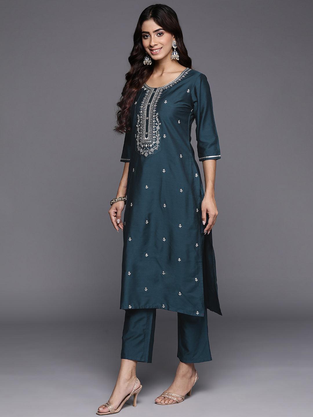 Blue Embroidered Silk Blend Straight Kurta With Trousers & Dupatta - Libas