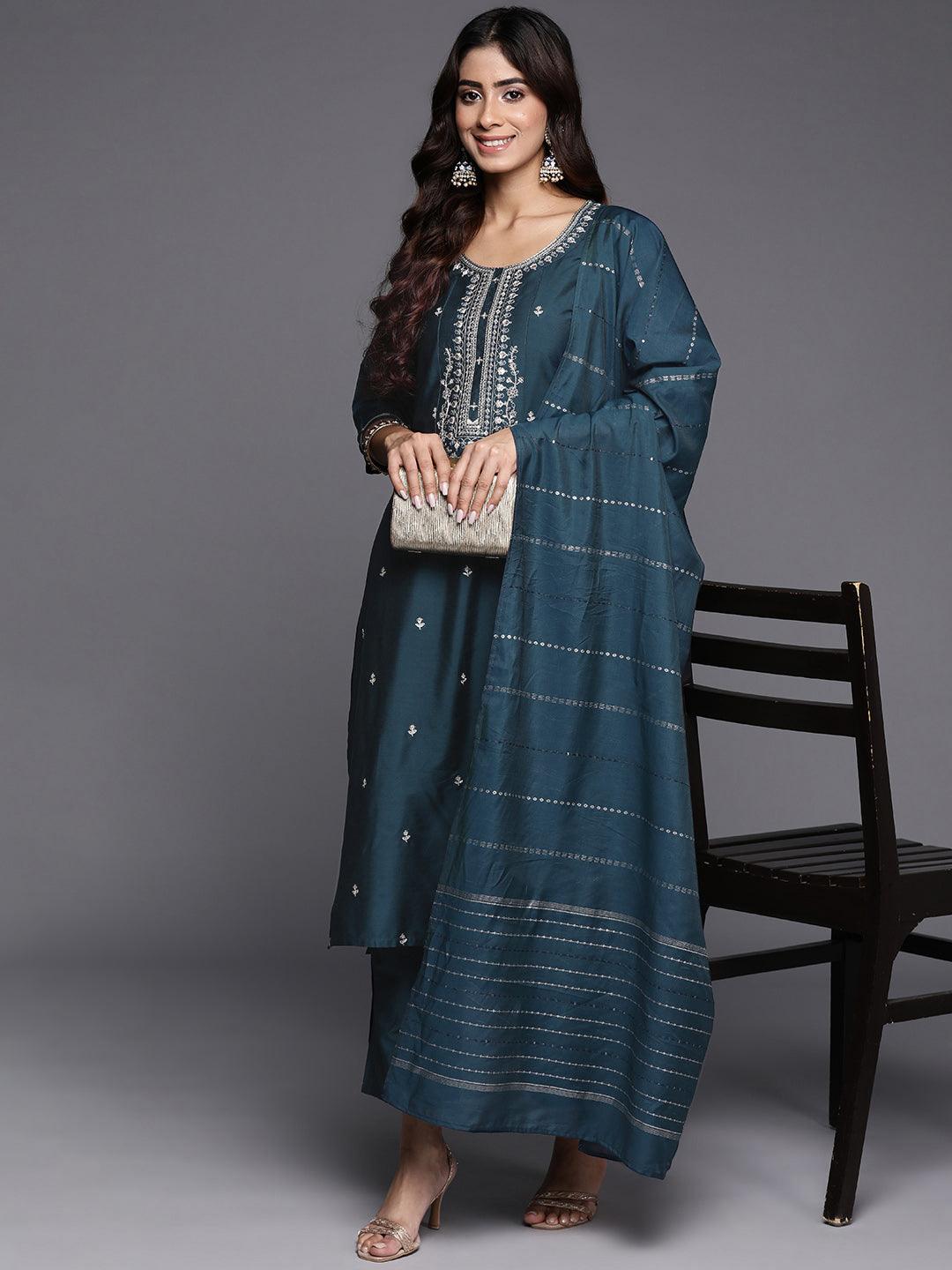 Blue Embroidered Silk Blend Straight Kurta With Trousers & Dupatta - Libas 