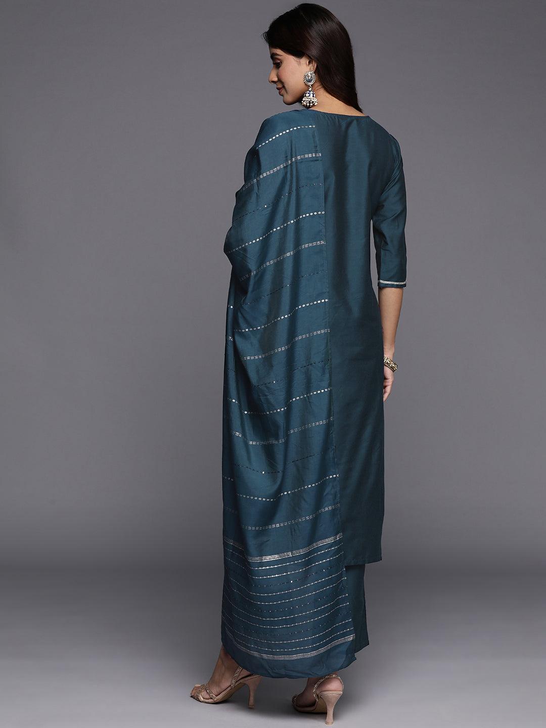 Blue Embroidered Silk Blend Straight Kurta With Trousers & Dupatta - Libas 