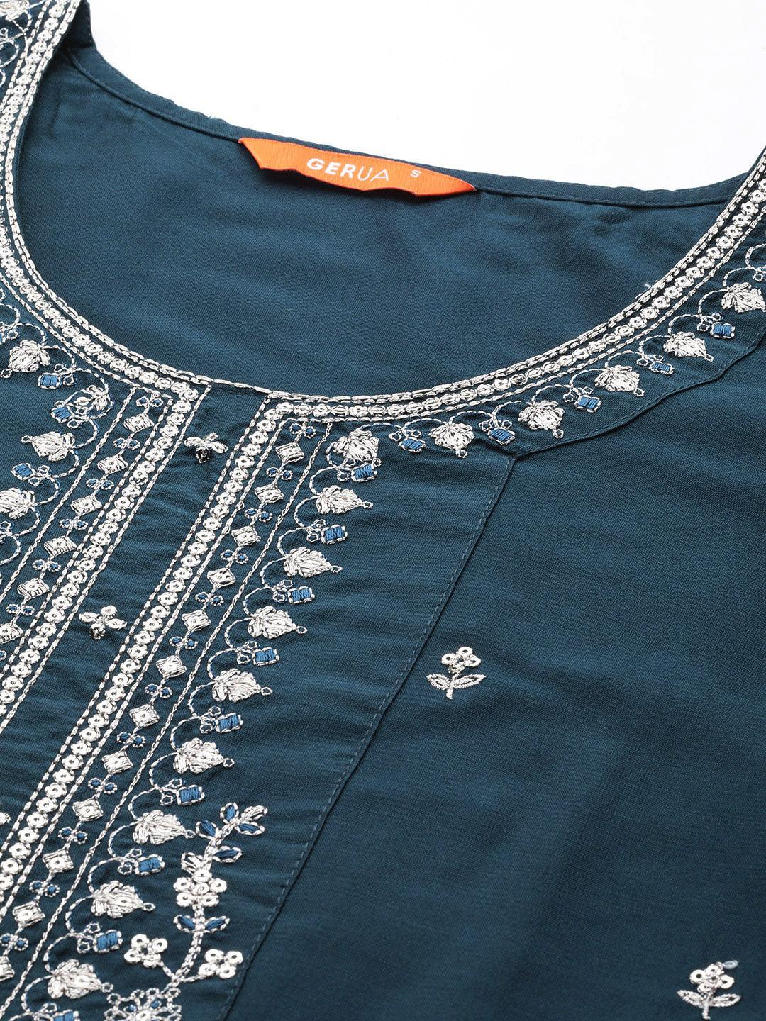 Blue Embroidered Silk Blend Straight Kurta With Trousers & Dupatta - Libas 