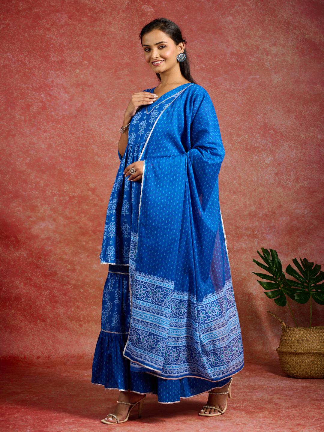 Blue Printed Cotton A-Line Kurti With Sharara & Dupatta - Libas