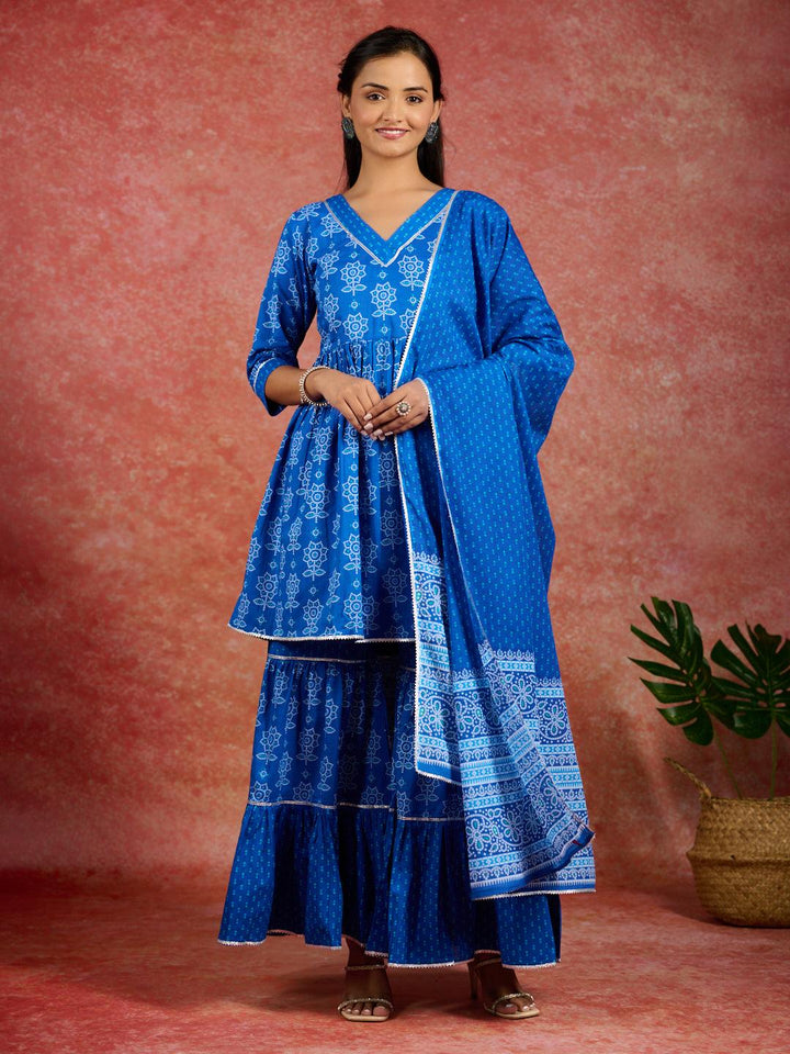 Blue Printed Cotton A-Line Kurti With Sharara & Dupatta - Libas