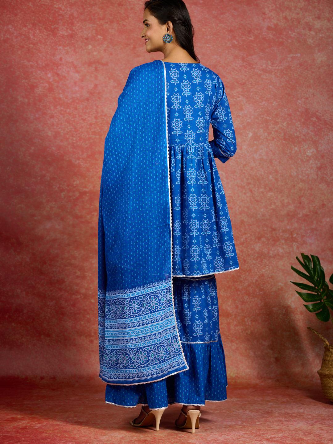 Blue Printed Cotton A-Line Kurti With Sharara & Dupatta - Libas