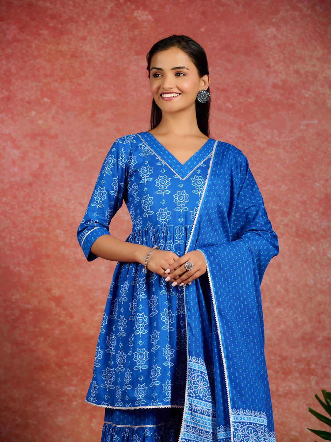 Blue Printed Cotton A-Line Kurti With Sharara & Dupatta - Libas