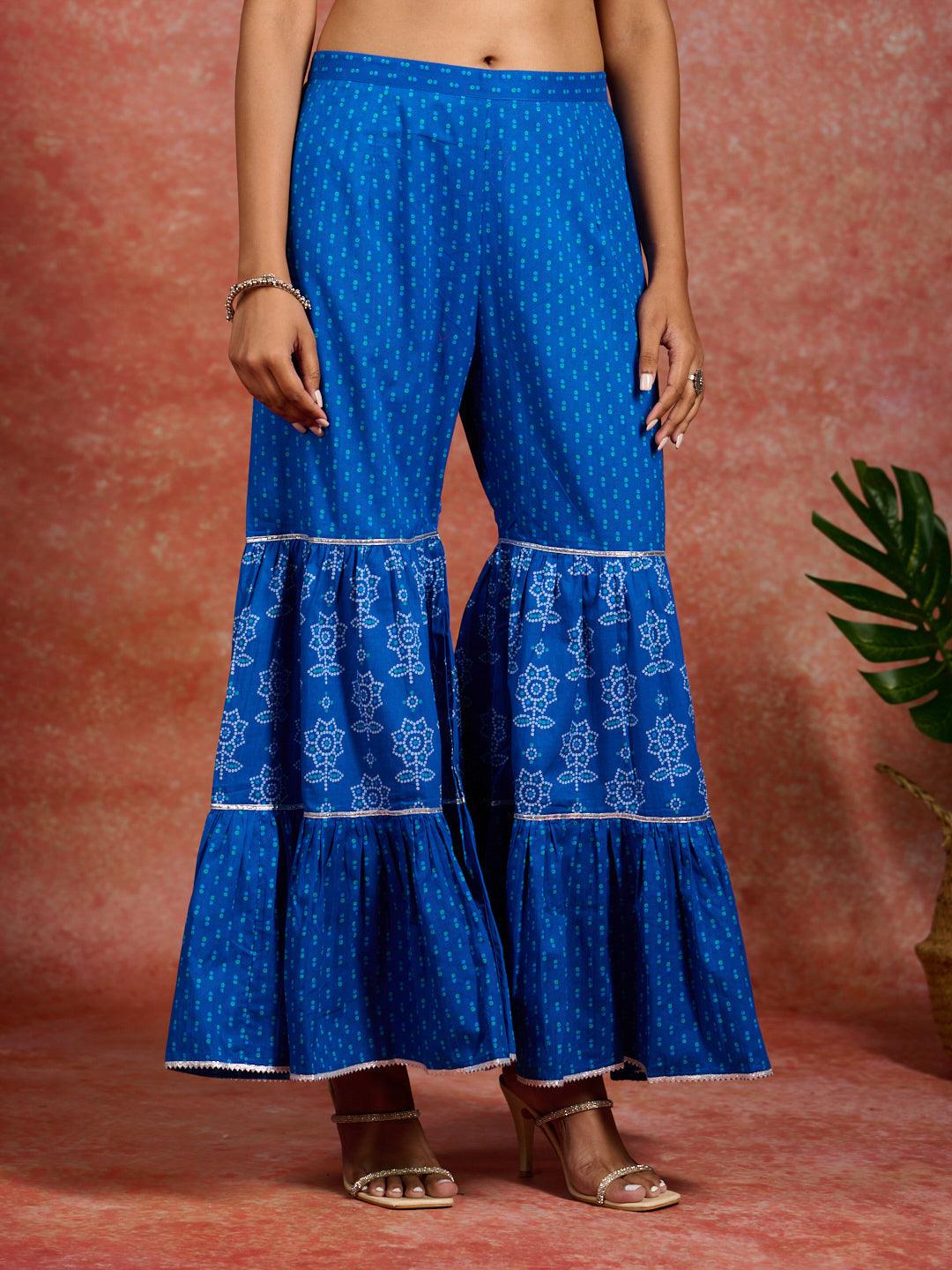 Blue Printed Cotton A-Line Kurti With Sharara & Dupatta - Libas