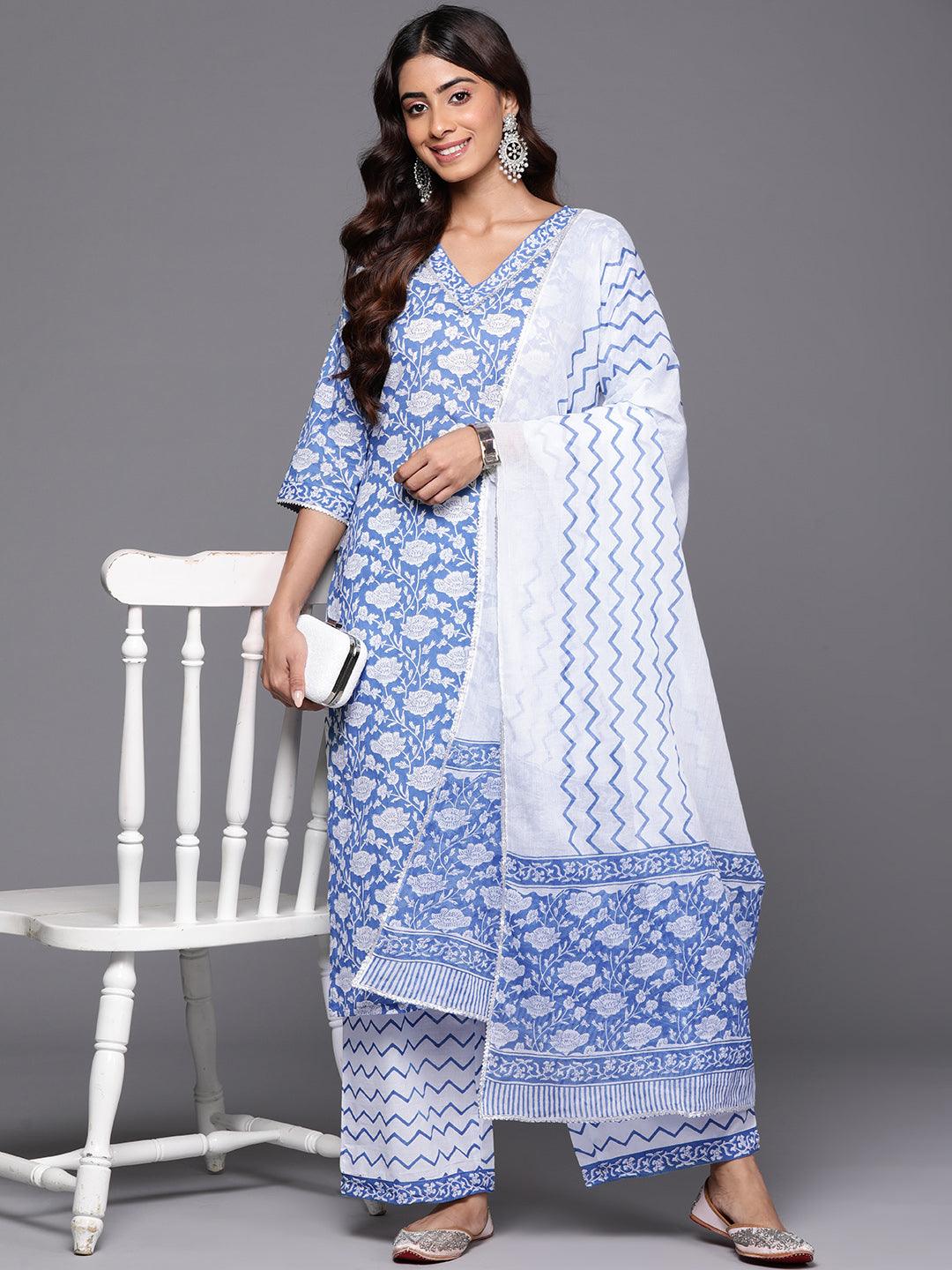 Blue Printed Cotton Straight Kurta With Palazzos & Dupatta - Libas 