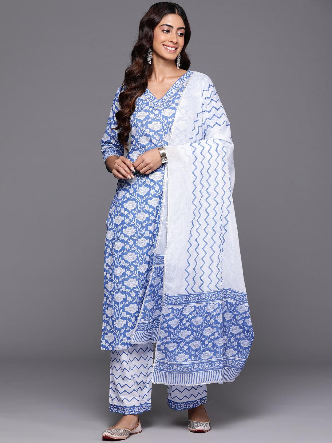 Blue Printed Cotton Straight Kurta With Palazzos & Dupatta - Libas 