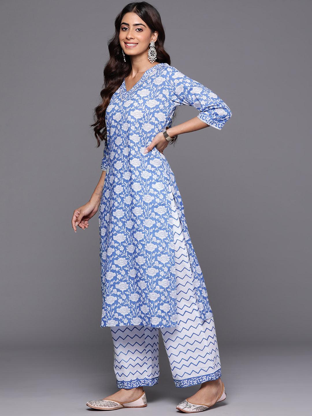 Blue Printed Cotton Straight Kurta With Palazzos & Dupatta - Libas 