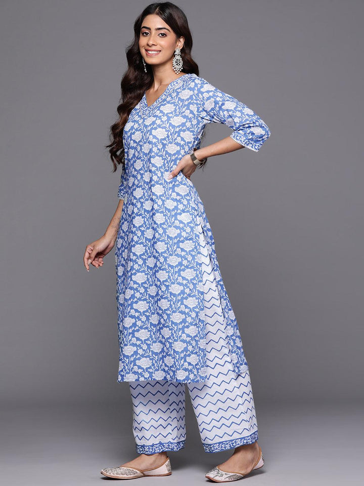 Blue Printed Cotton Straight Kurta With Palazzos & Dupatta - Libas