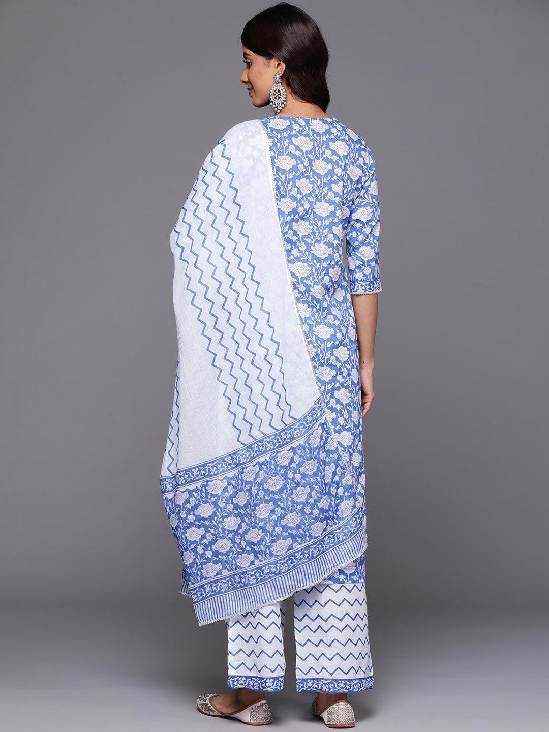 Blue Printed Cotton Straight Kurta With Palazzos & Dupatta - Libas 