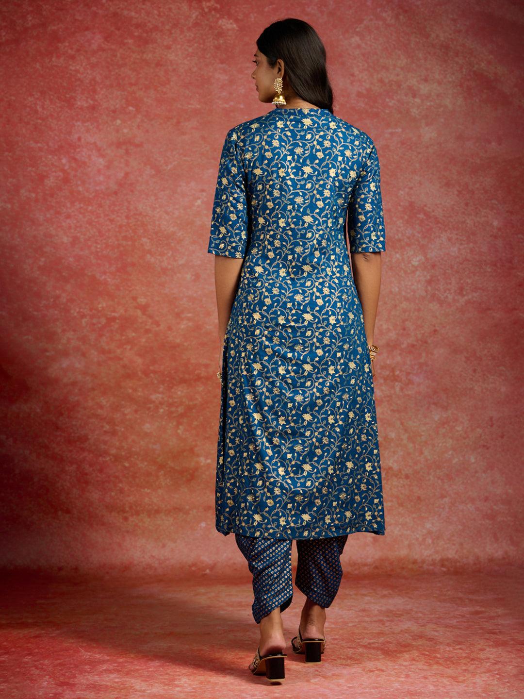 Blue Printed Rayon A-Line Kurta With Dhoti Pants - Libas 