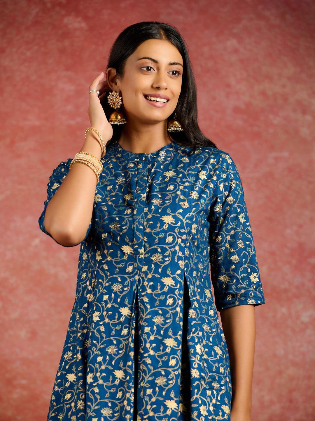 Blue Printed Rayon A-Line Kurta With Dhoti Pants - Libas 