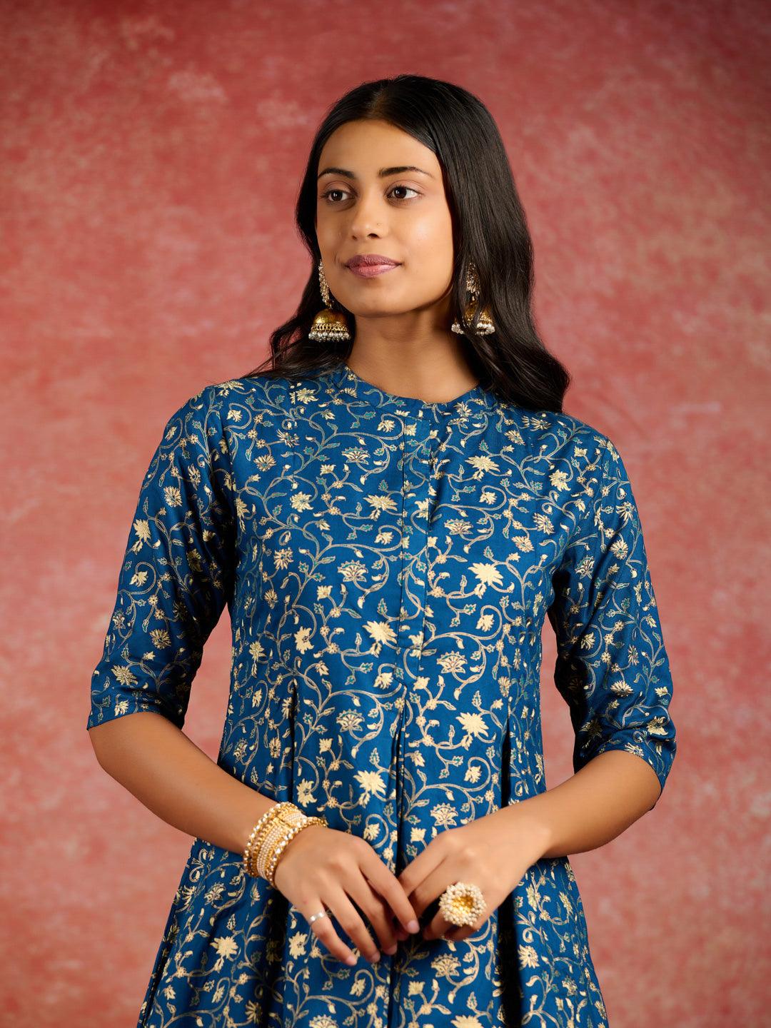 Blue Printed Rayon A-Line Kurta With Dhoti Pants - Libas 