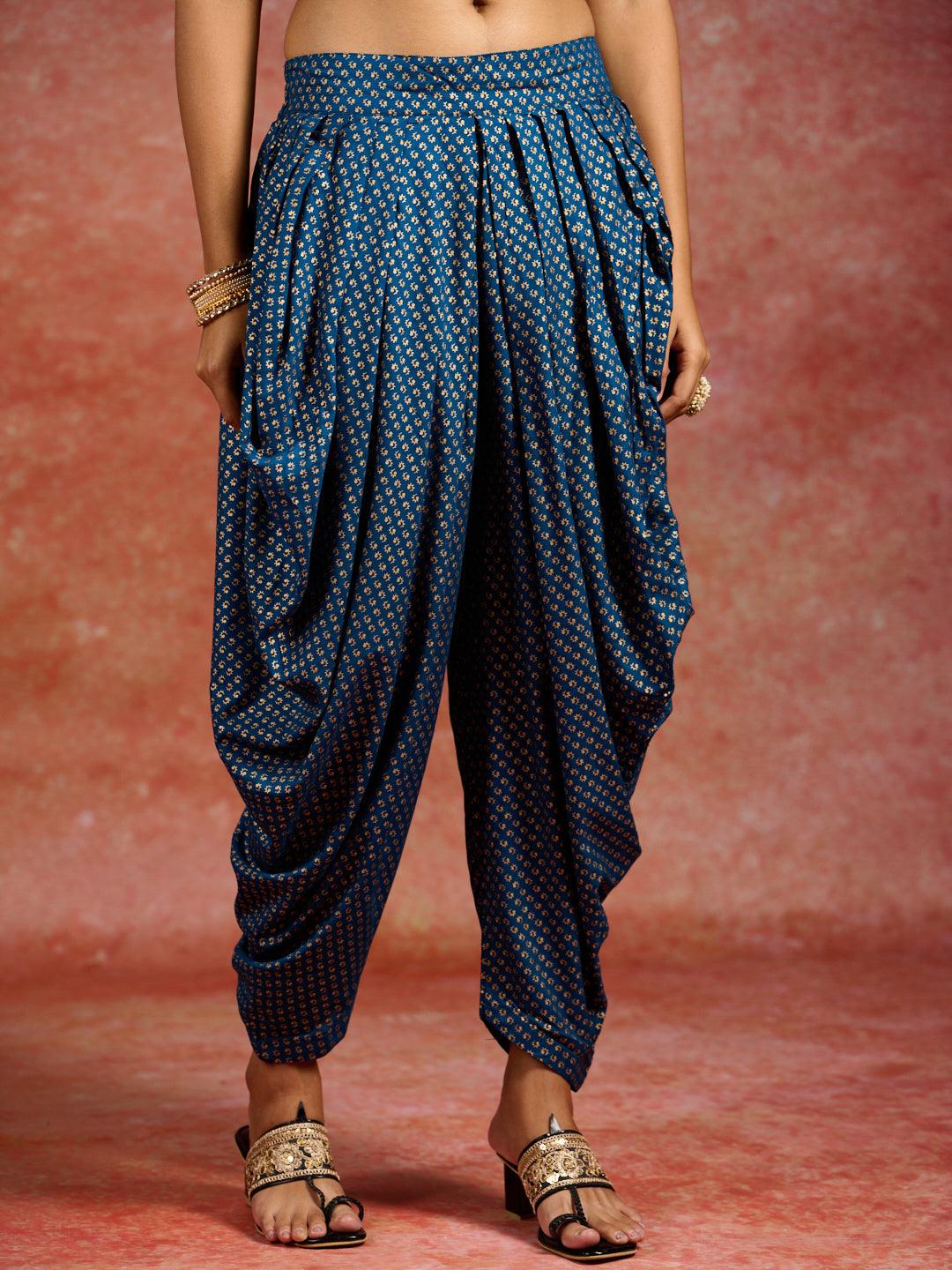 Blue Printed Rayon A-Line Kurta With Dhoti Pants - Libas 