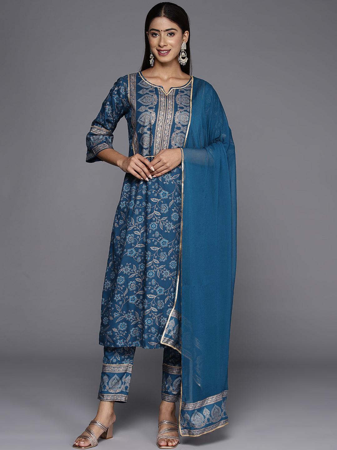 Blue Printed Rayon A-Line Kurta With Trousers & Dupatta - Libas