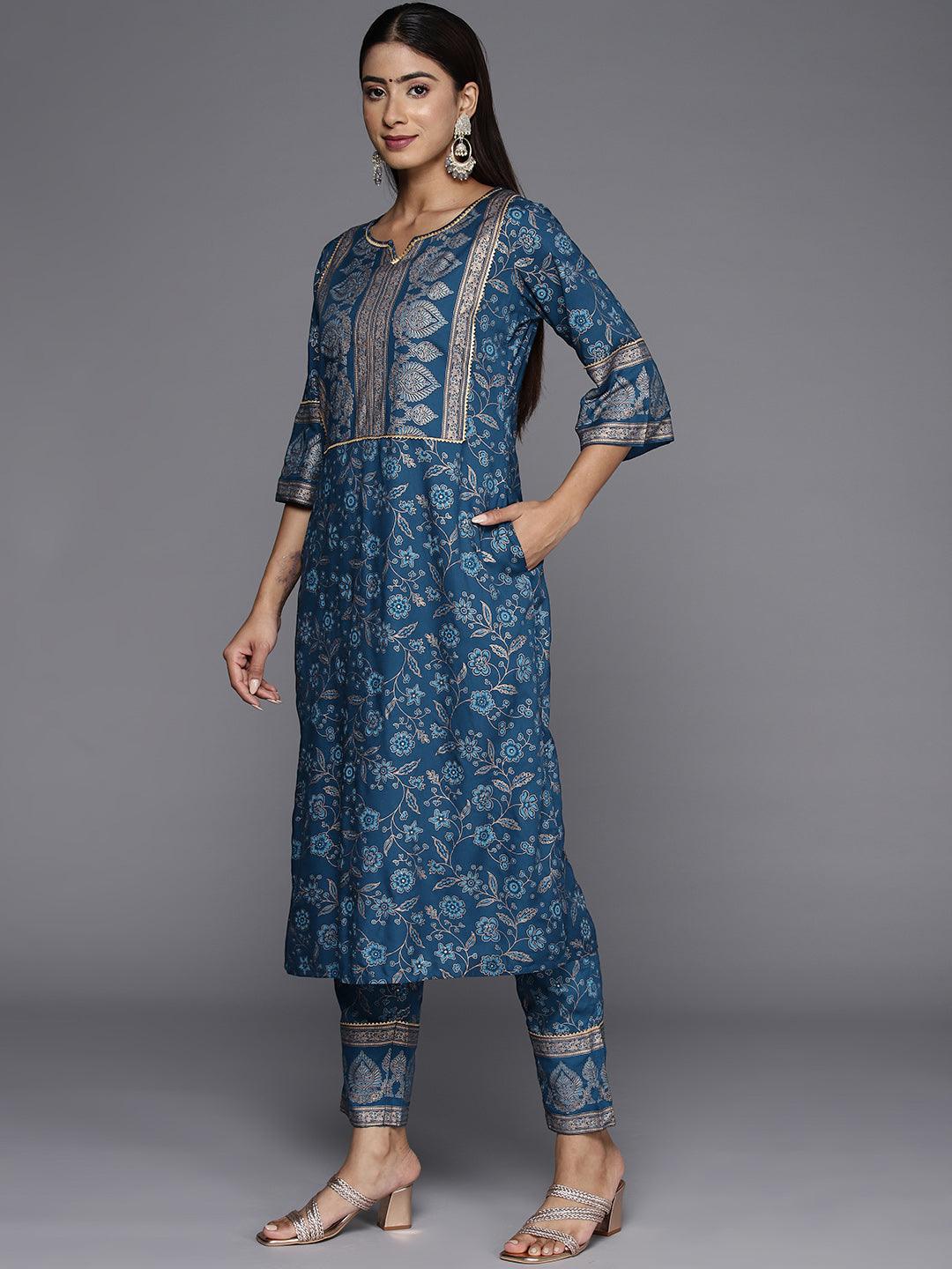 Blue Printed Rayon A-Line Kurta With Trousers & Dupatta - Libas