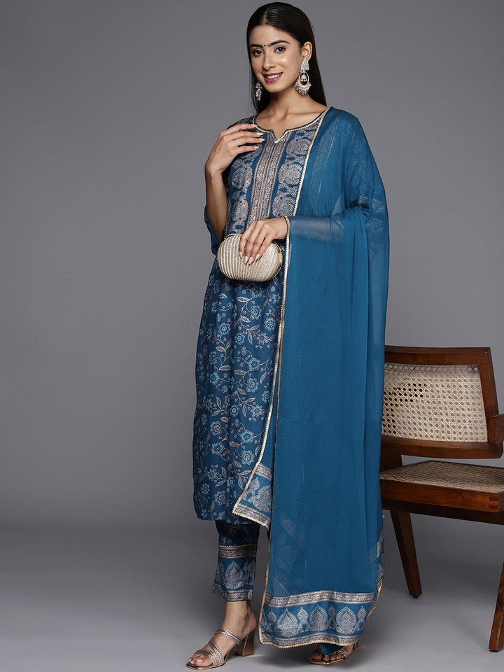 Blue Printed Rayon A-Line Kurta With Trousers & Dupatta - Libas