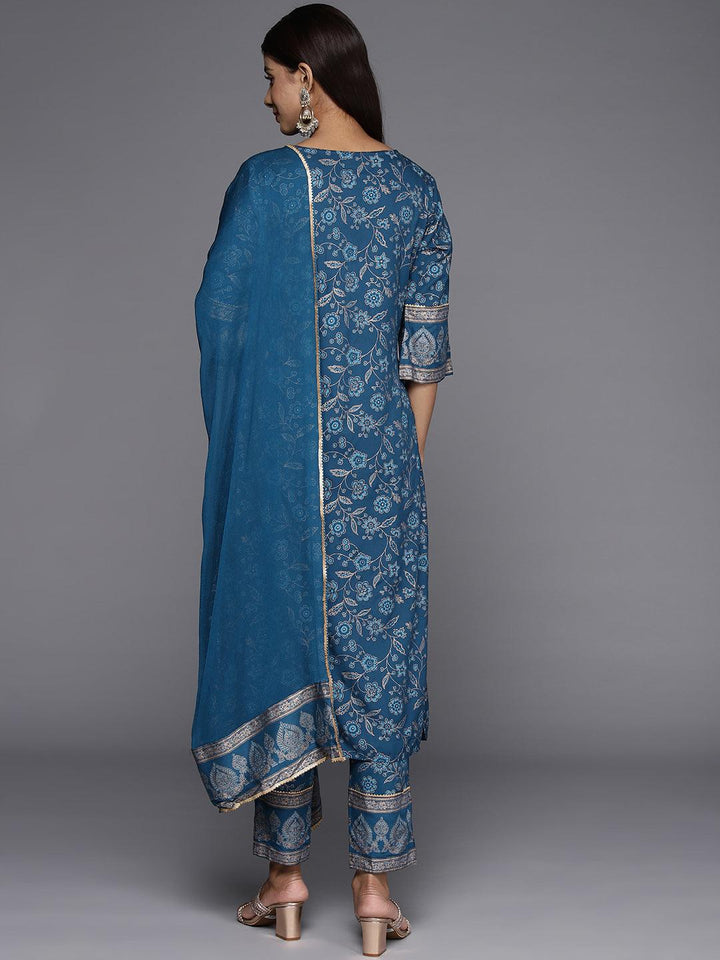 Blue Printed Rayon A-Line Kurta With Trousers & Dupatta - Libas