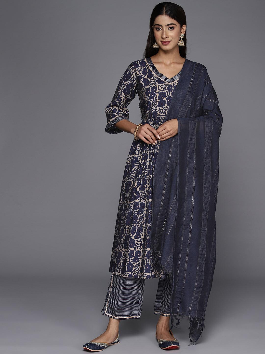 Blue Printed Silk Blend A-Line Kurta With Trousers & Dupatta - Libas