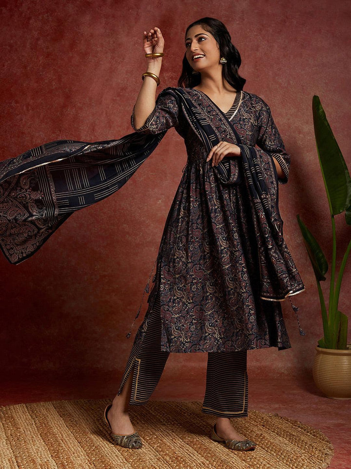 Blue Printed Silk Blend A-Line Kurta With Trousers & Dupatta - Libas