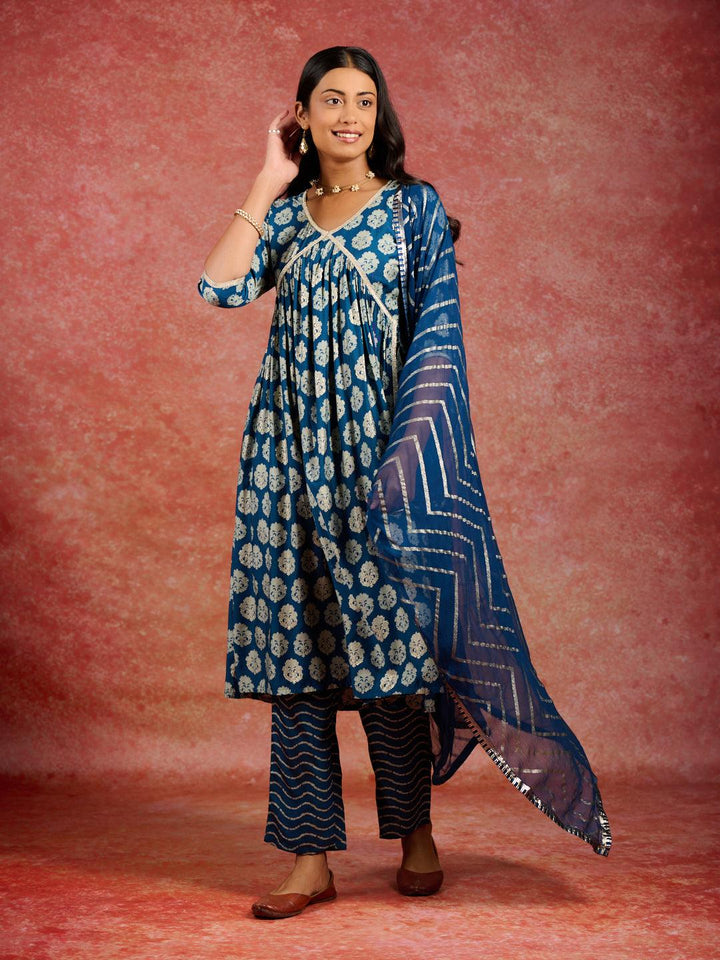 Blue Printed Silk Blend A-Line Kurta With Trousers & Dupatta - Libas