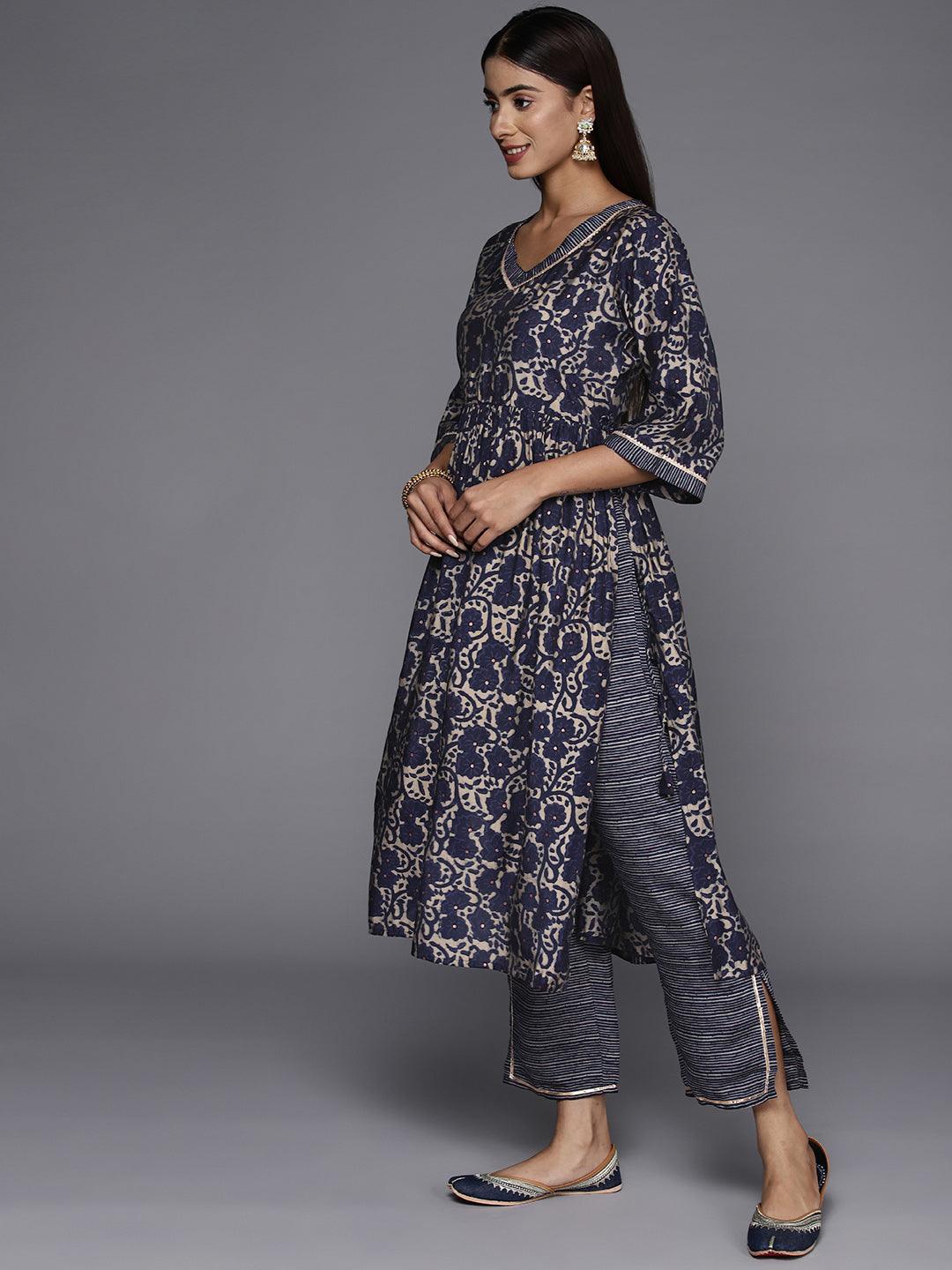 Blue Printed Silk Blend A-Line Kurta With Trousers & Dupatta - Libas