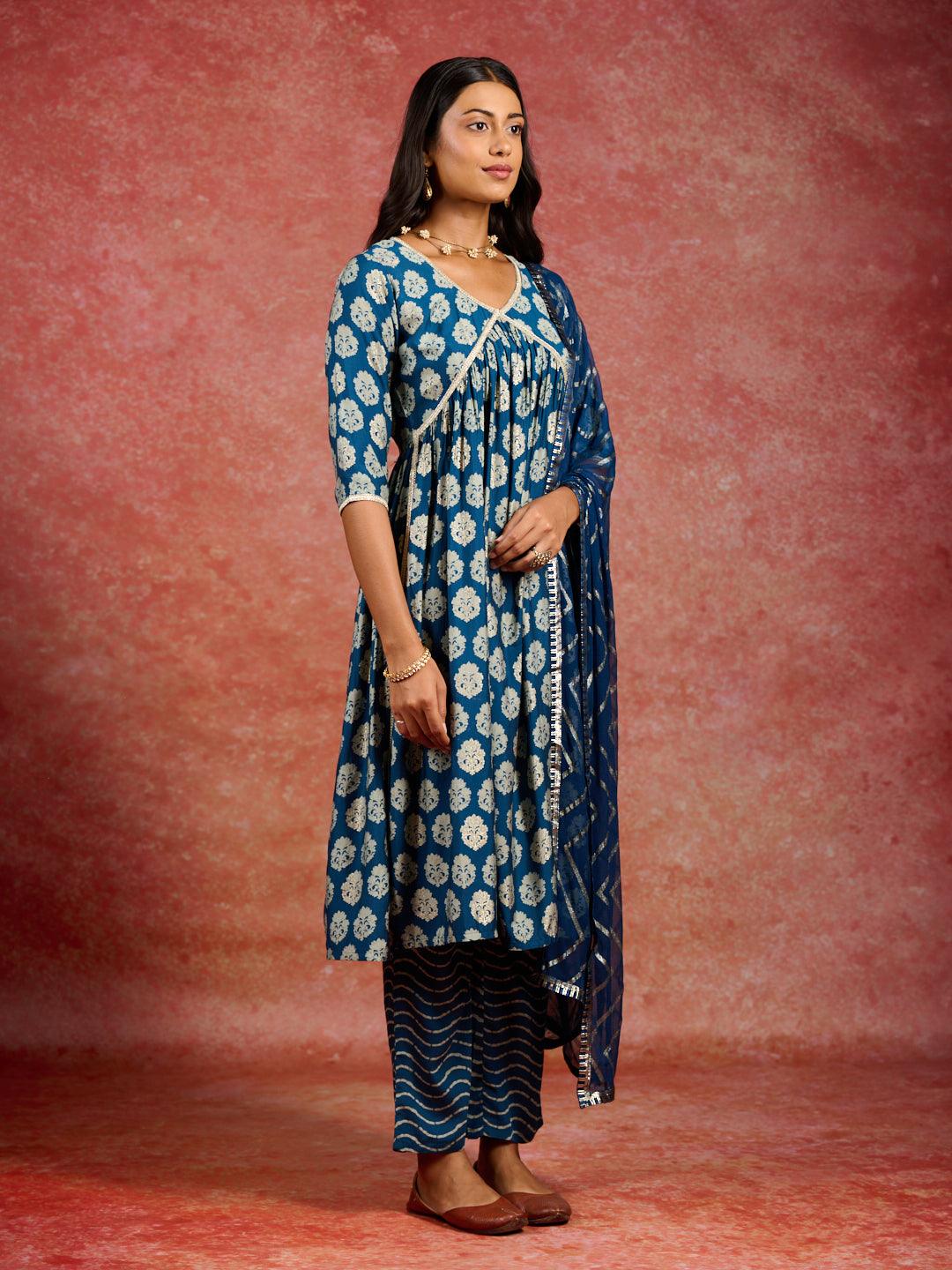 Blue Printed Silk Blend A-Line Kurta With Trousers & Dupatta - Libas