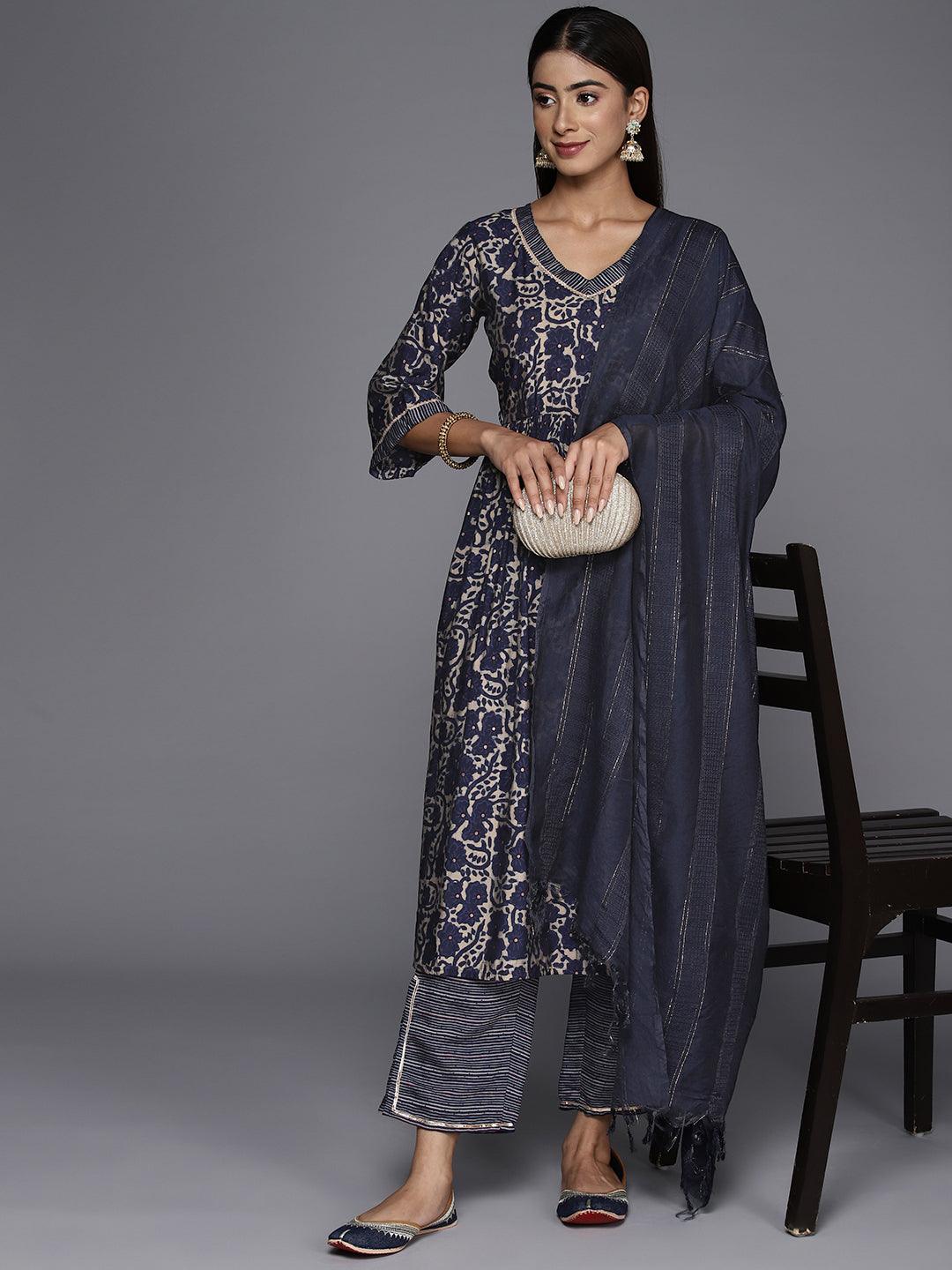 Blue Printed Silk Blend A-Line Kurta With Trousers & Dupatta - Libas