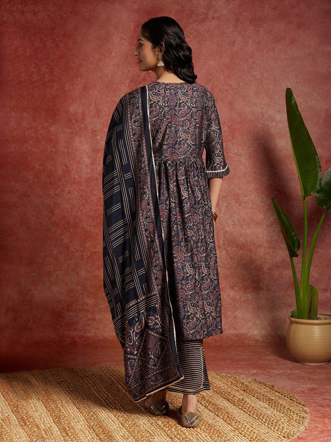 Blue Printed Silk Blend A-Line Kurta With Trousers & Dupatta - Libas