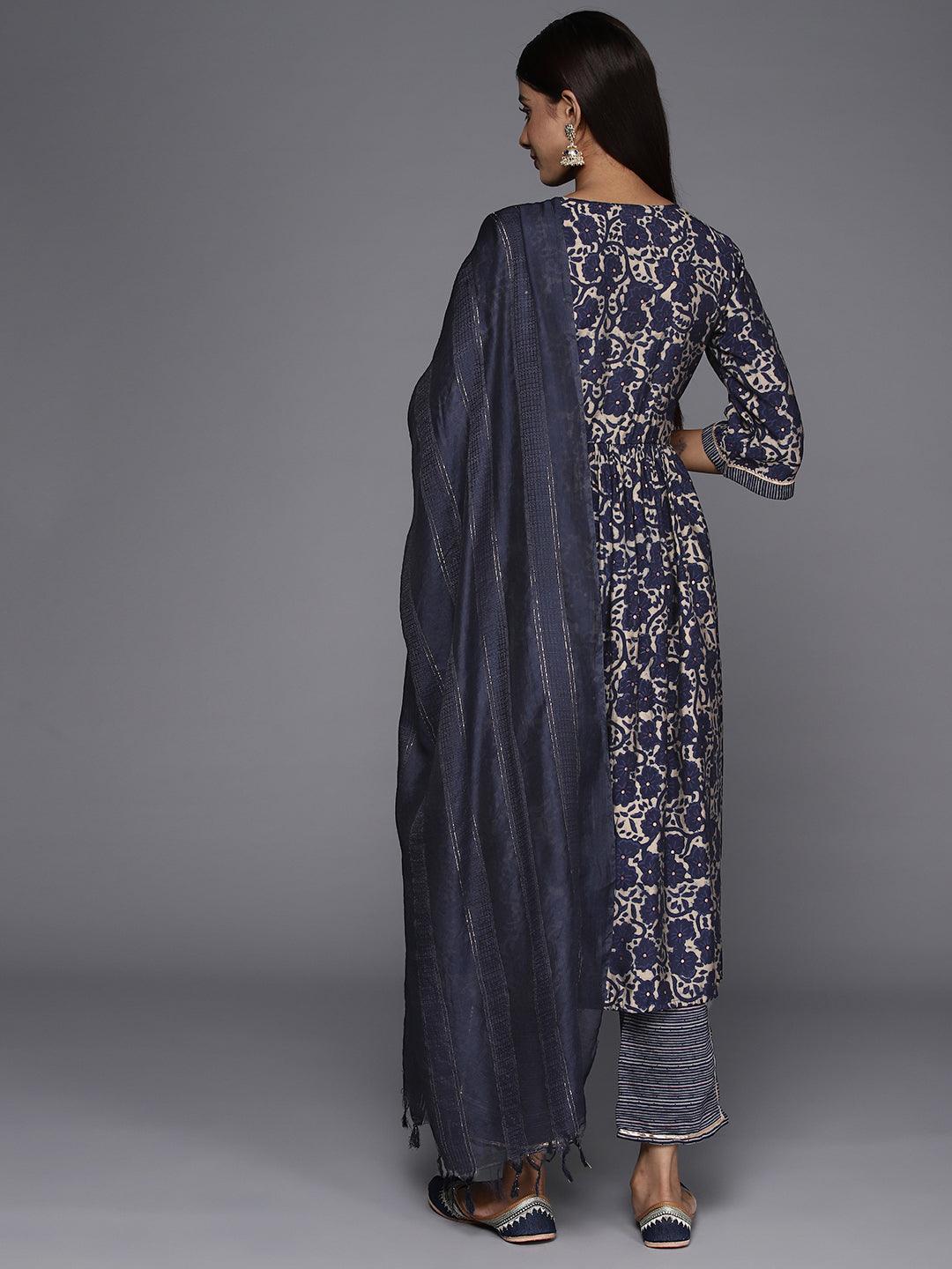 Blue Printed Silk Blend A-Line Kurta With Trousers & Dupatta - Libas