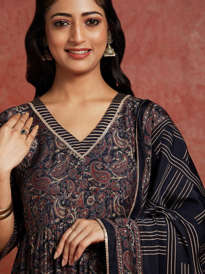 Blue Printed Silk Blend A-Line Kurta With Trousers & Dupatta - Libas