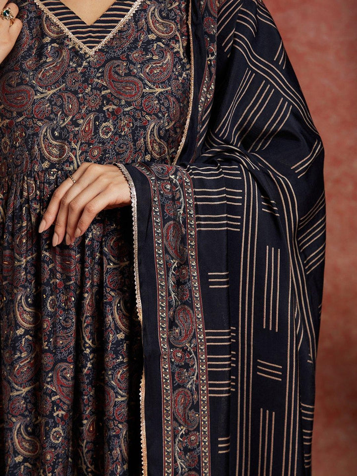 Blue Printed Silk Blend A-Line Kurta With Trousers & Dupatta - Libas