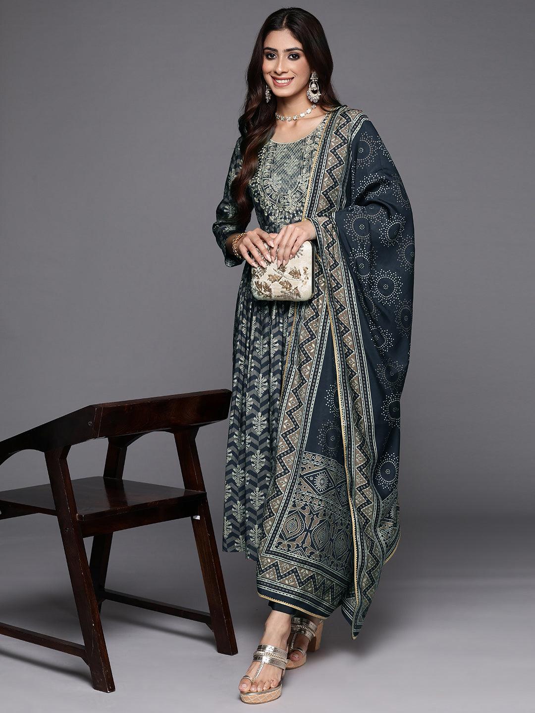 Blue Printed Silk Blend Anarkali Kurta With Trousers & Dupatta - Libas 